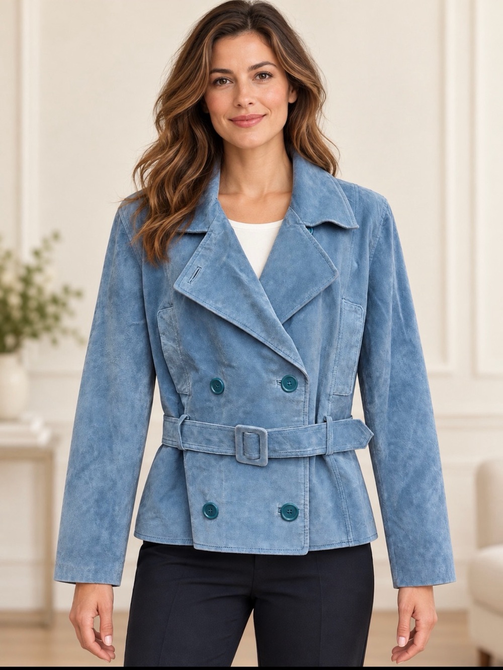 Suede leather Double-Breasted Belted Trench Coat - Light Blue size medium